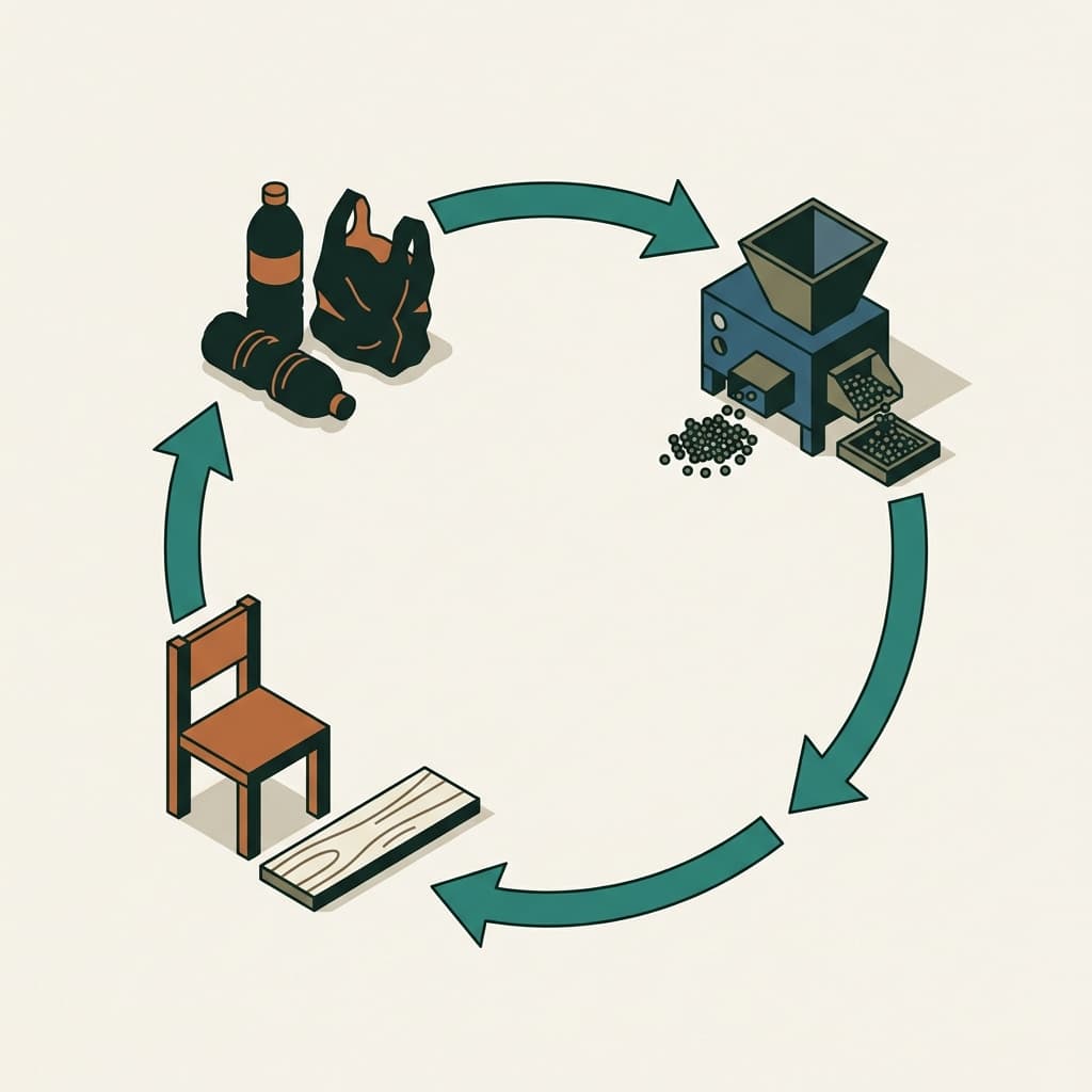 Illustrated closed loop: collected plastic becomes pellets in the recycling facility, then new products, then returns to the loop.