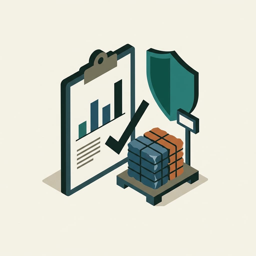 Isometric illustration of verified plastic recovery: weighed bales with an audit checklist.