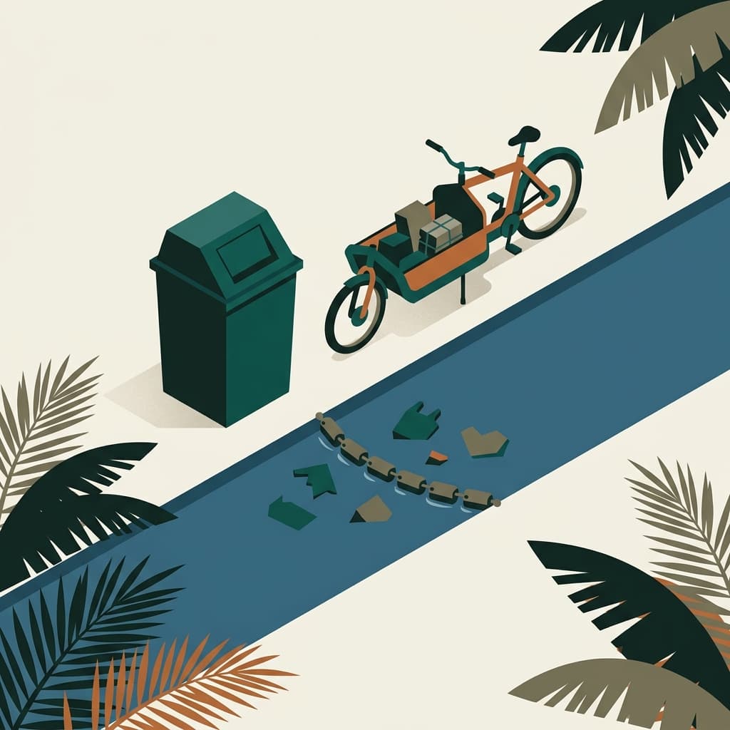 Isometric illustration of NRC collection infrastructure: drop-off bin, river boom and cargo e-bike.