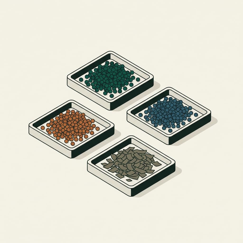 Isometric illustration of recycled polymer grades in laboratory sample trays.