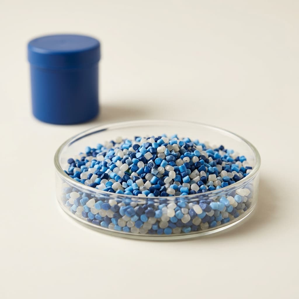 Recycled HDPE pellets in a sample tray with a blue canister.