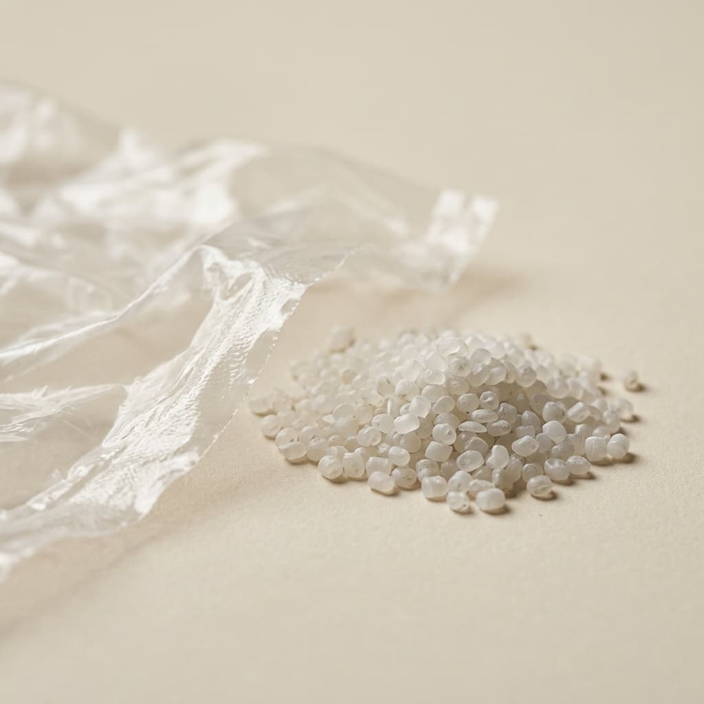 Translucent recycled LDPE pellets beside clear plastic film.