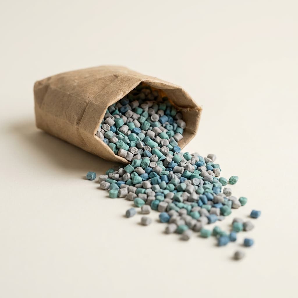Recycled polypropylene pellets spilling from a paper sack.