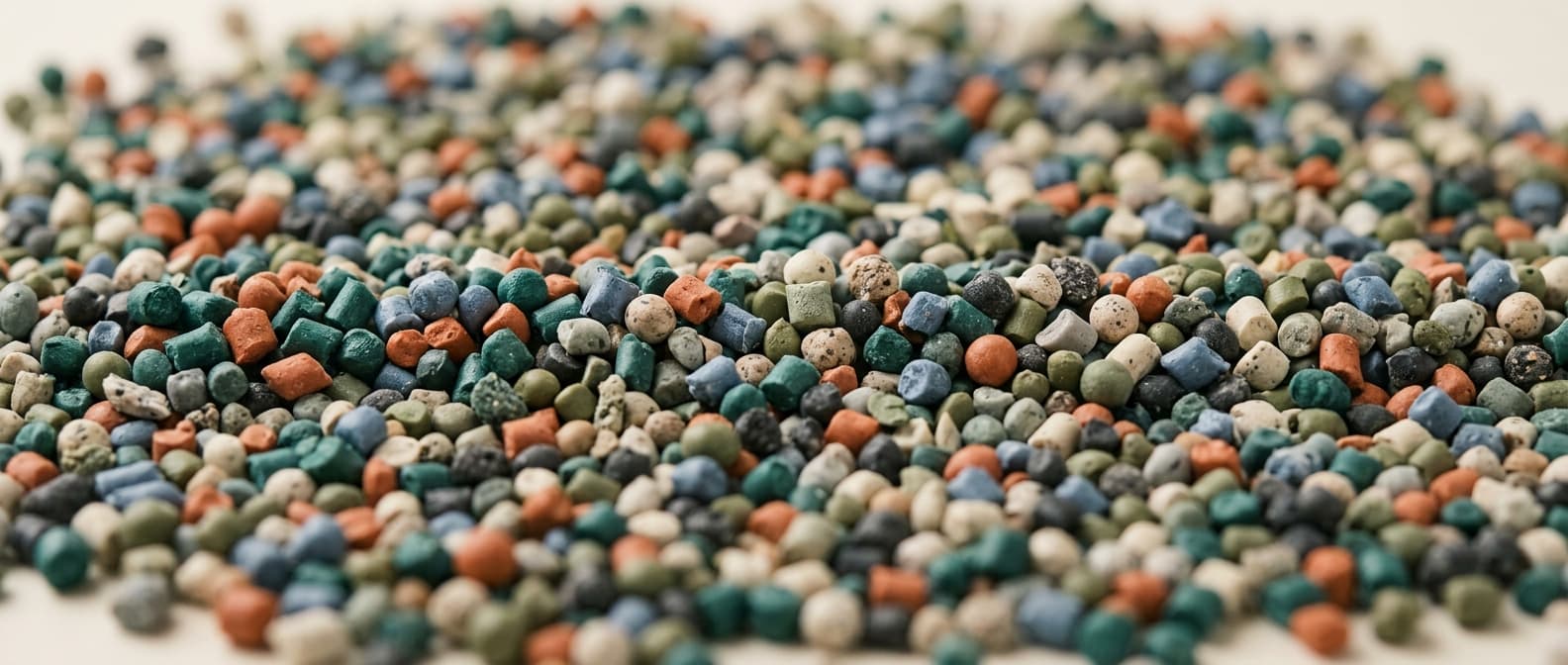 Macro photograph of recycled plastic pellets in many colours with shallow depth of field.